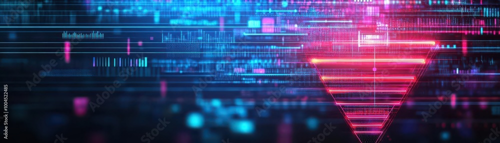 Poster Digital sales funnel concept, glowing neon lines representing customer journey, abstract data visualizations, futuristic tech theme, art