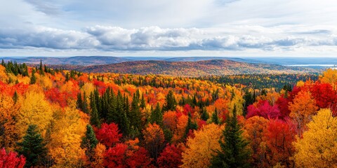 Fototapeta premium A vibrant landscape showcasing autumn colors with red, orange, and yellow leaves against a backdrop of hills and cloudy skies.
