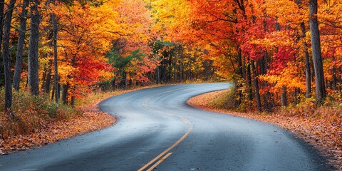 Naklejka premium A winding road through vibrant autumn trees, showcasing brilliant orange and red foliage against a serene, scenic backdrop.