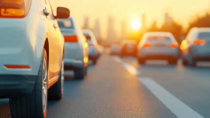Fototapeta premium Sunset Traffic on Urban Roadway in Golden Hour