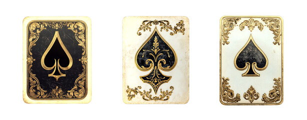 Three ornate playing cards featuring the Ace of Spades in different artistic styles, including a classic design with gold accents