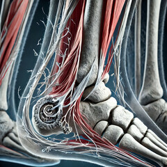 3D illustrating ruptured Achilles tendon, point of tear between the tendon, calcaneus (heel bone). separation of tendon fibers, showing  damage, disruption to the muscle-tendon connection.