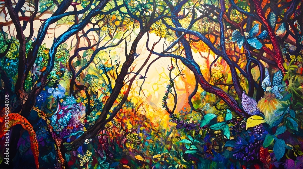 Poster whimsical expressionistic forest landscape featuring a vibrant array of flora and fauna with intertw