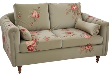 A fabric sofa with floral patterned throw pillows, set against a plain background