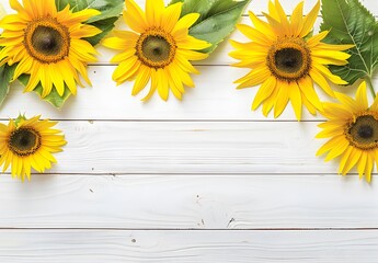 Obraz premium White Wood Background With Sunflowers Top View