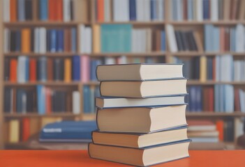 A stack of books on a table in front of a bookshelf
