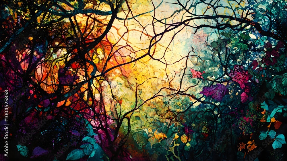 Poster enchanting woodland dreamscape featuring a vibrant array of flora and fauna with intertwining branch