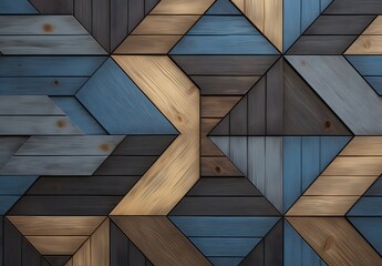 Fototapeta premium Geometric Wooden Wall Panel with Blue, Brown, and Gray Colors
