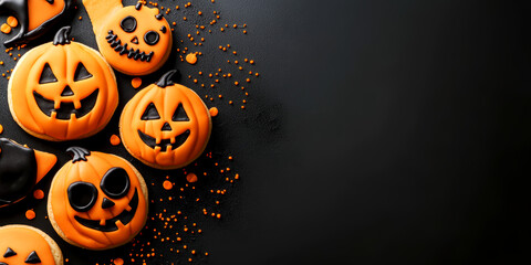 A flat-lay banner featuring Jack-o'-lantern cookie designs, Halloween masks, and spooky icing on a dark background with ample copy space for text
