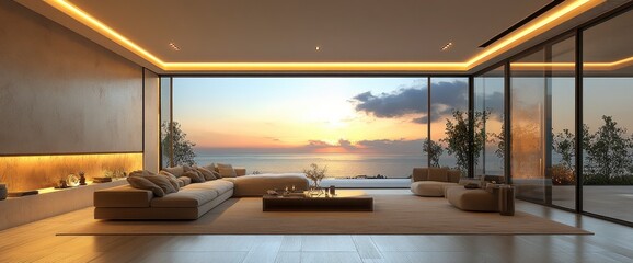 Modern living room with panoramic ocean view and sunset