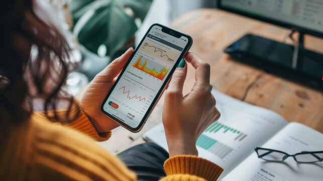 A person investing in the stock market using a mobile app, with real-time updates on stock prices and personalized investment tips.