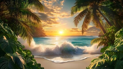 Breathtaking tropical beach scene with swaying palm trees lush green foliage white sandy shores and a stunning vibrant sunset in the background