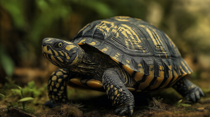 Obraz premium Black and yellow turtle walking in the forest