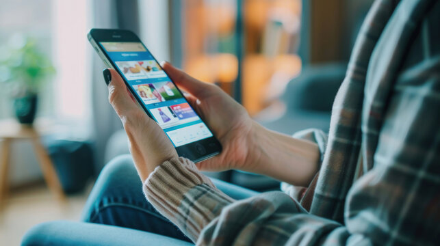 A person shopping through a mobile e-commerce app, navigating a user-friendly interface with personalized product recommendations and secure payment options.