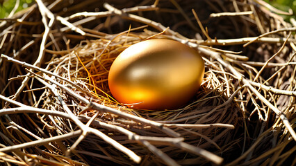 Ein goldenes Osterei, das in einem Nest aus Zweigen ruht und in sanftes, goldenes Sonnenlicht getaucht ist.