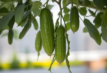 Cucumbers hanging from a plant with leaves in the background