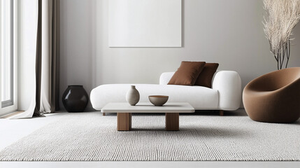 A modern living room with a simple coffee table placed on a textured rug. Neutral colors dominate the room, with minimal decor on the table