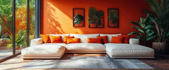 Modern Living Room with White Sectional Sofa, Orange Wall, and Tropical Plants
