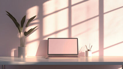 A modern, minimal workspace with a single laptop on a clean, glossy desk in a room with soft, natural lighting