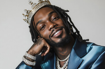 A young rapper showcases extravagant jewelry and bling in stylish attire