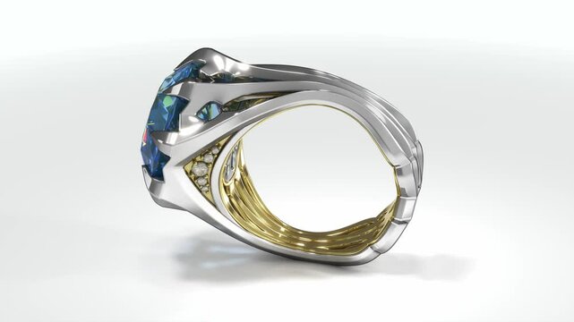 Gold gothic ring with blue gemstone and diamonds slowly falls on white background. 3d animation