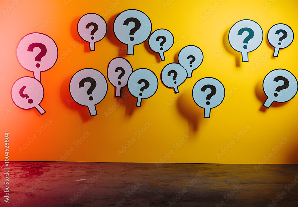 Poster multiple question marks in speech bubbles with copy space