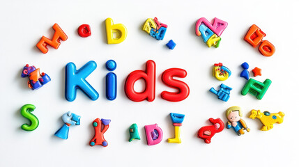 Colorful plastic letters spell out kids on a bright background, perfect for educational playtime