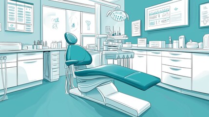Blueprint-style illustration of a dental office layout featuring high-tech equipment and adjustable chairs in white and teal