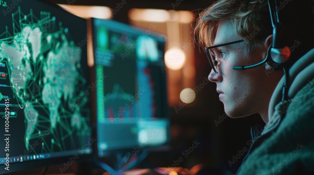 Poster a man wearing glasses and a headset is looking at two computer monitors