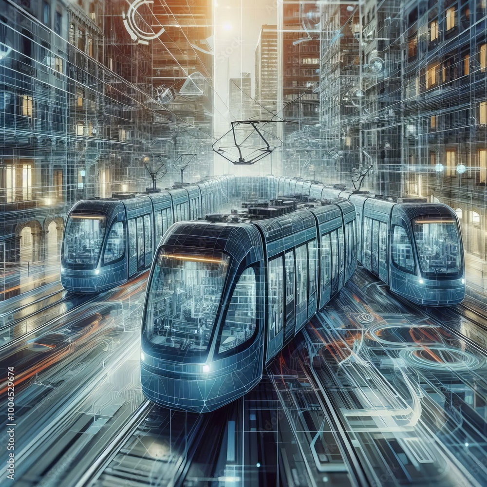 Poster layered overlapping multiple tram holograms creating a complex v