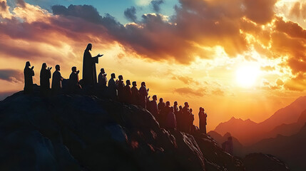 jesus christ preaching to the crowd on a mountaintop spiritual silhouette art