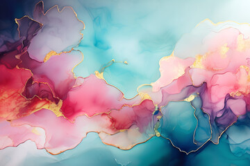 Luxurious abstract fluid art painting in alcohol ink technique,with colorful mix of paints. Imitation marble stone cut, luminous gold veins. Soft and dreamy design.