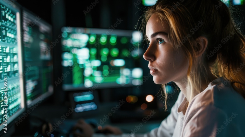 Poster she is focused on the screen, possibly working on a project or analyzing data