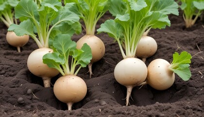 Turnips growing in soil, with green leafy tops emerging from the ground