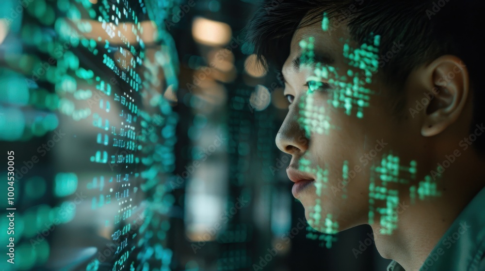 Poster a man is looking at a computer screen with a green screen