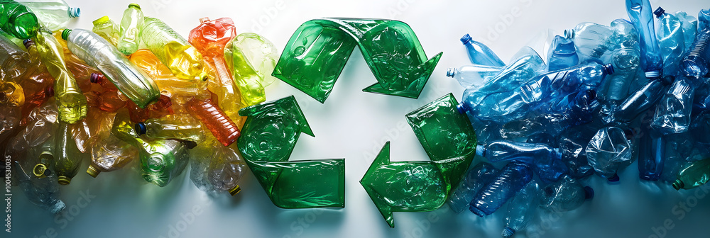 Poster conceptual image of a recycle symbol formed with crushed transparent plastic bottles highlighting ec