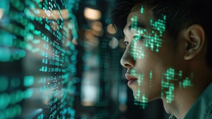 A man is looking at a computer screen with a green screen