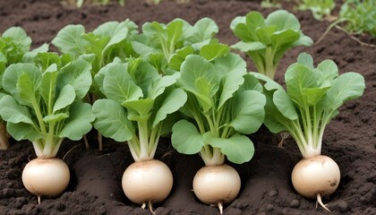 Turnips growing in soil, with green leafy tops emerging from the ground