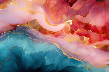 Luxurious abstract fluid art painting in alcohol ink technique,with colorful mix of paints. Imitation marble stone cut, luminous gold veins. Soft and dreamy design.