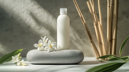 Body Lotion on Granite with Flowers