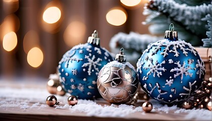 Blue Christmas ornaments with snowflakes, glittery holiday decorations on bokeh background