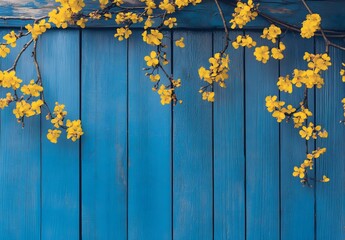 Yellow Flowers on Blue Wooden Background, Minimalist Photography Backdrop