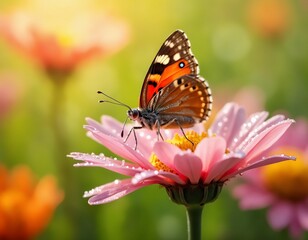Obraz premium A close-up of a butterfly landing on a delicate flower petal in a vibrant meadow. Dewdrops cling to the petals, catching the sunlight in a bright, natural scene.