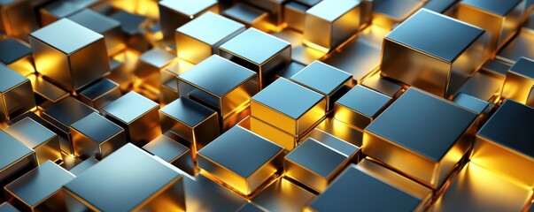 A complex pattern of metallic cubes with gold highlights, showcasing abstract geometric design, copy space