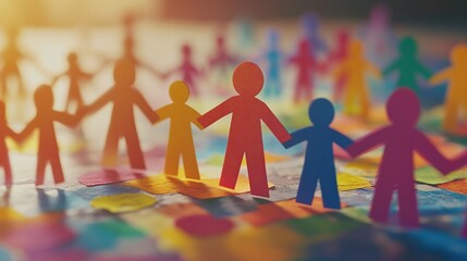 Colorful paper figures holding hands in unity.