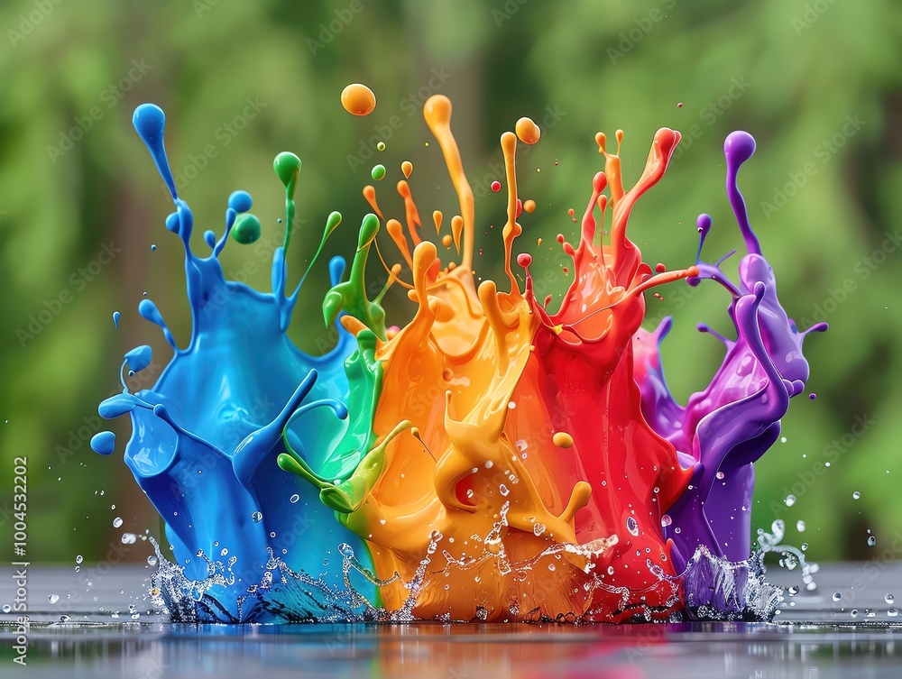 Poster vibrant paint splashes in various colors creating a dynamic and artistic display against a blurred g
