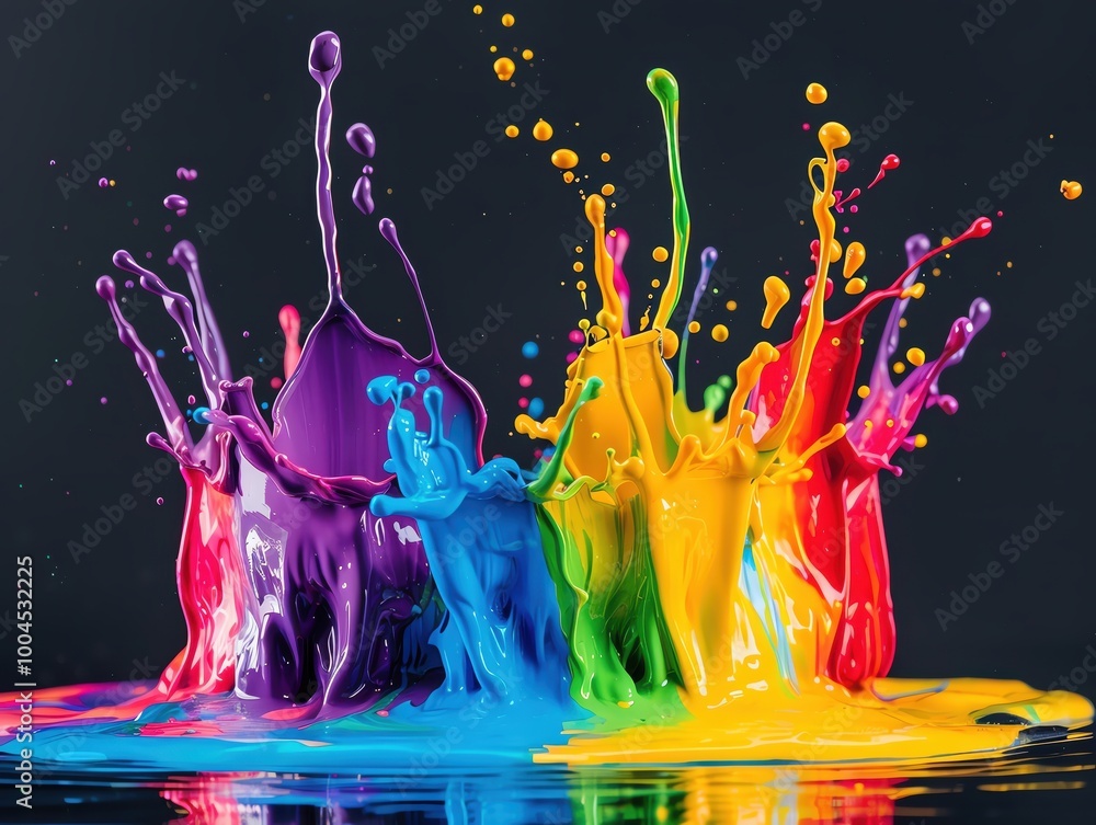 Poster vibrant paint splashes in various colors create an eye-catching, dynamic visual on a black backgroun