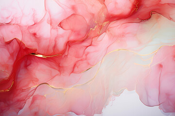 Luxurious abstract fluid art painting in alcohol ink technique,with colorful mix of paints. Imitation marble stone cut, luminous gold veins. Soft and dreamy design.