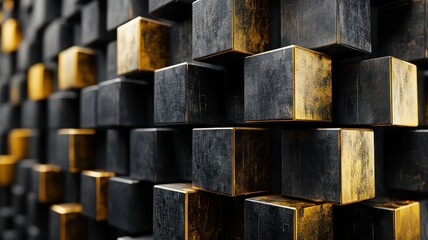 Futuristic geometric design with a pattern of black and gold cubes, creating a sense of depth, copy space