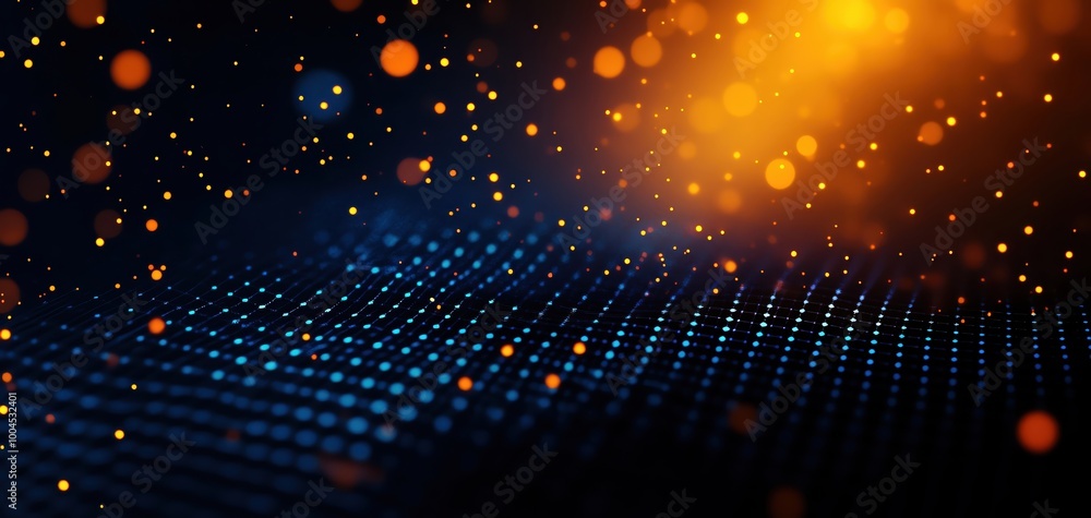Poster vibrant particles dance on a dark background, creating a dynamic and colorful abstract landscape fil